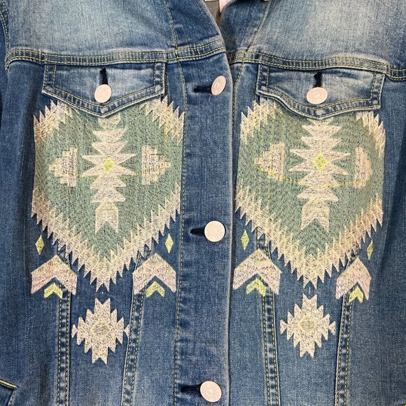 Western Embroidered Denim Jacket Blue Green Aztec Print Small - Picture 6 of 10